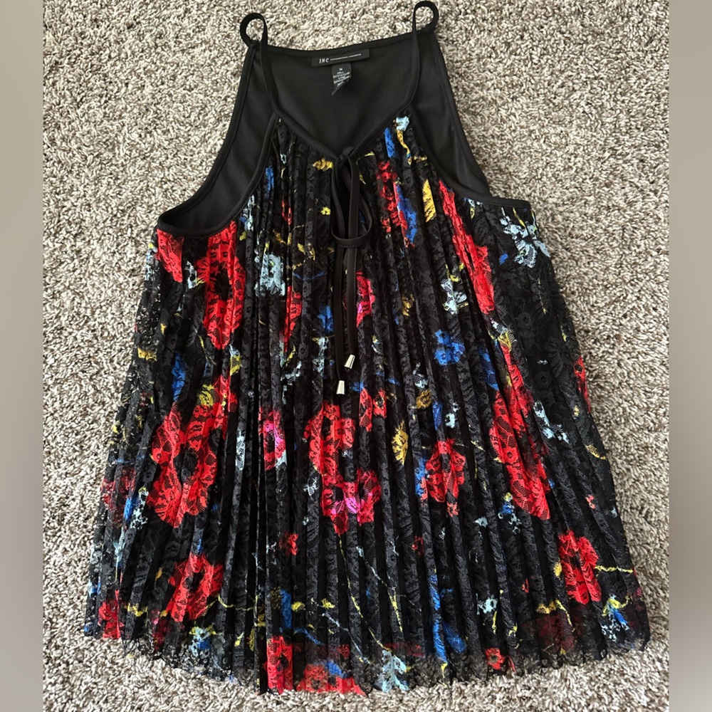 INC International Women Tank Top Size Medium Black Floral Lace Ruffles Stretch